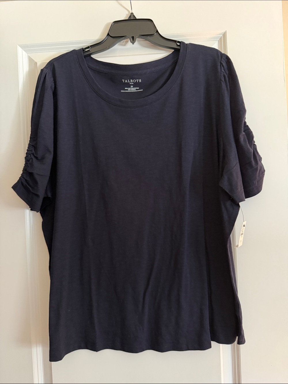 Talbots Navy Short Sleeve Ruched-Sleeve Crewneck Tee
